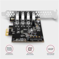 AXAGON PCEU-43RS, PCIe řadič, 4x USB 3.2 Gen 1 port, UASP, napájení z PCIe nebo SATA, SP & LP