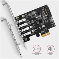 AXAGON PCEU-43RS, PCIe řadič, 4x USB 3.2 Gen 1 port, UASP, napájení z PCIe nebo SATA, SP & LP