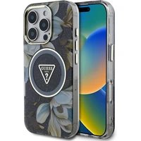 Guess IML Glitter Magnolia and Triangle Logo MagSafe kryt iPhone 16 Pro černý