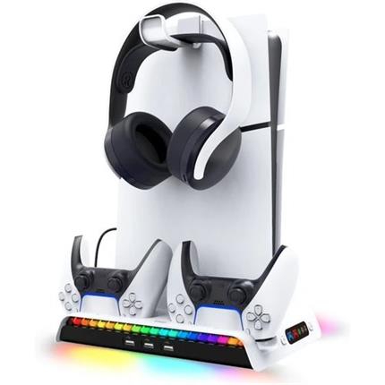 Levně iPega P5S006 Multifunkční Nabíjecí RGB Stojan s Chlazením pro PS5 Slim bílý