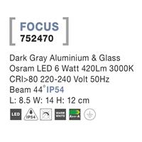 Svítidlo Nova Luce FOCUS WALL GREY nástěnné, IP 54, 6 W